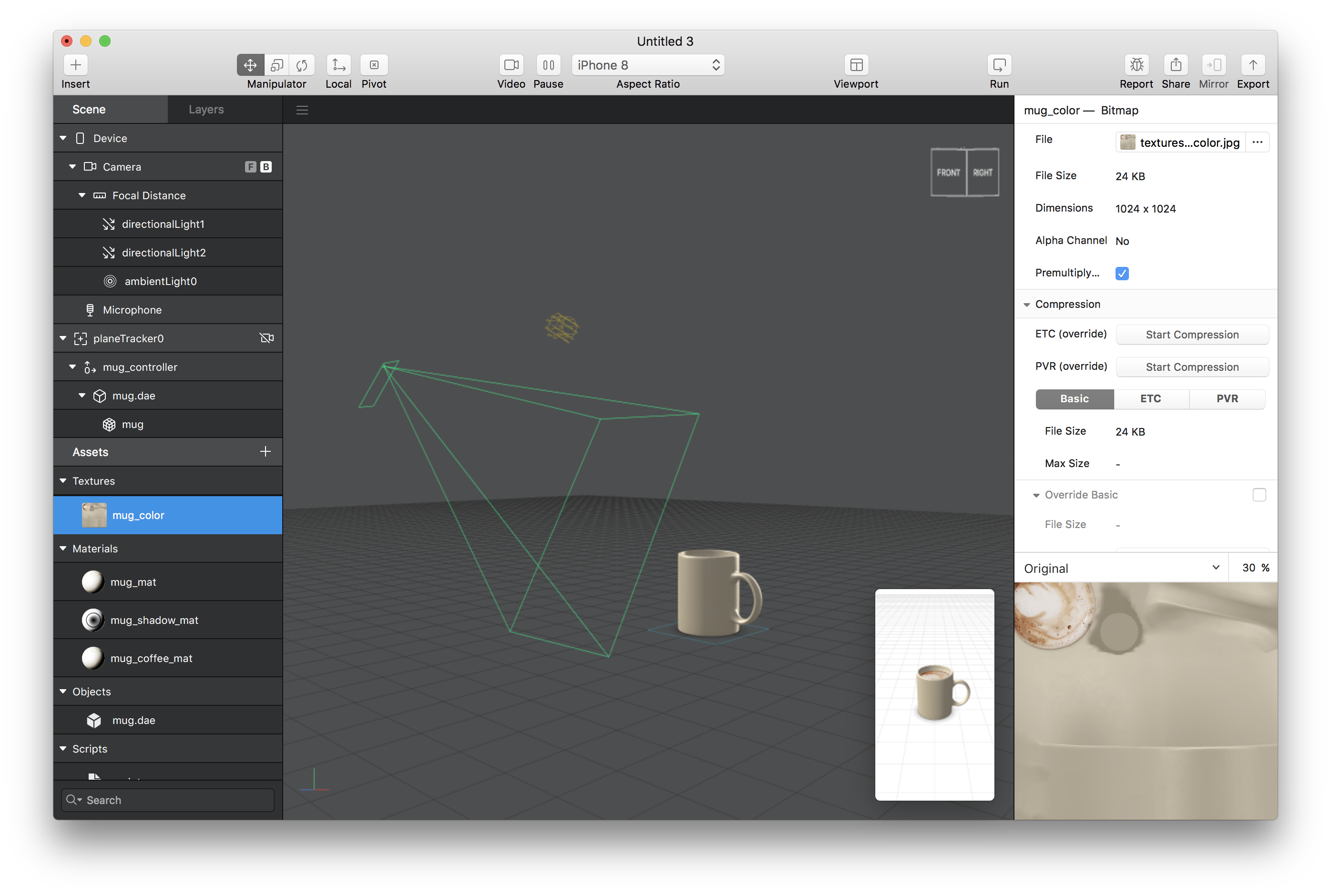  AR Studio running on macOS 10.12 Sierra. In the screenshot, you can see an example of a Plane Tracker with a mug.
