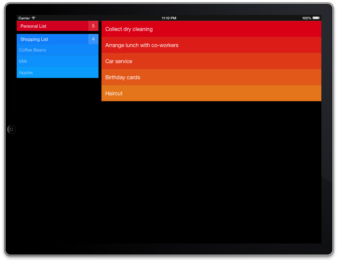  Clear+ running on the iPad Simulator. The tablet form factor allows us to display lists in a sidebar, together with a preview of the top three tasks underneath.
